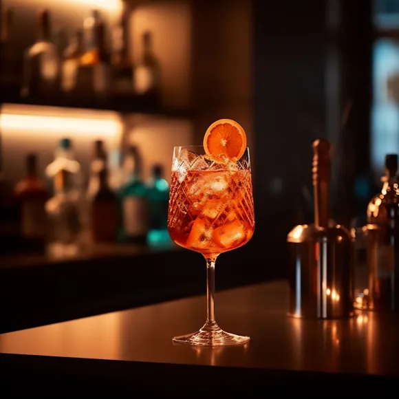 Copa de cóctel con hielo y rodaja de naranja, iluminada en un bar elegante con botellas de licor en el fondo. Ideal para disfrutar en una noche de verano.